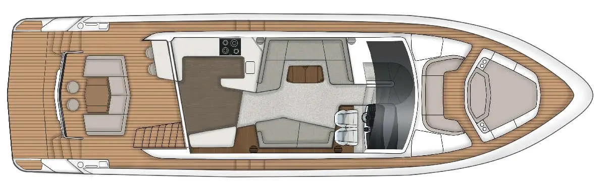 Interior layout of a luxury motorboat, featuring seating areas, a helm, and a kitchenette with a stove.
